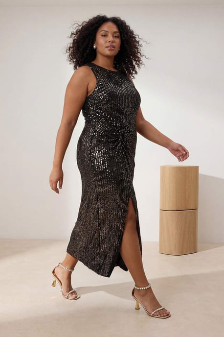 Trendyol Curve Dam Guldfärgad Enfärgad Midi Ärmlös Elegant/Kväll Rak Plus size Klänning - Image 1
