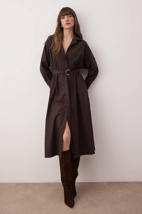 TRENDYOLMİLLA Dames Bruin Effen Midi Lang Casual Blousejurk Jurken - Image 2