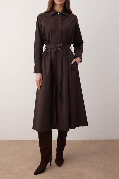 TRENDYOLMİLLA Dames Bruin Effen Midi Lang Casual Blousejurk Jurken - Image 3