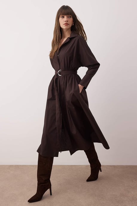 TRENDYOLMİLLA Dames Bruin Effen Midi Lang Casual Blousejurk Jurken - Image 6