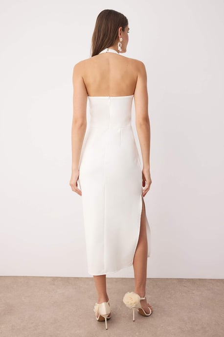 TRENDYOLMİLLA Dames Wit Effen Midi Mouwloos Stijlvol/Avond Bodycon Jurken - Image 3