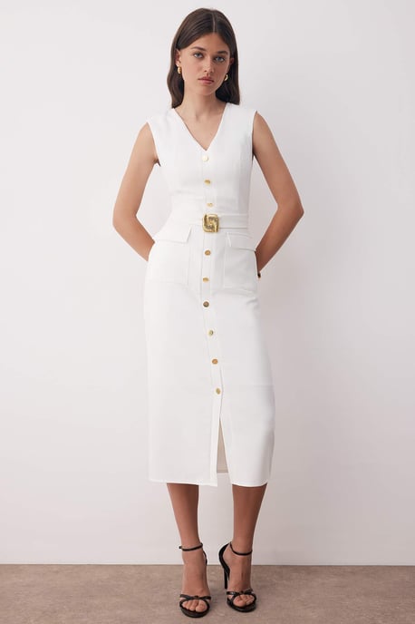 TRENDYOLMİLLA Dames Wit Effen Midi Mouwloos Avond / Dagelijks Bodycon Jurken - Image 5