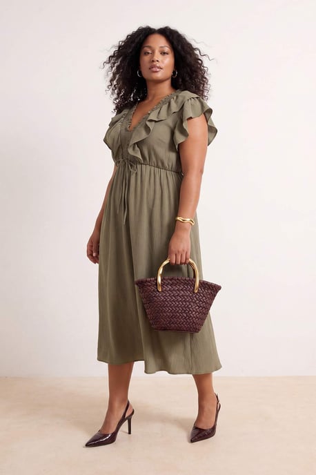 Trendyol Curve Dam Khaki Enfärgad Midi Ärmlös Casual A-linje Plus size Klänning - Image 2