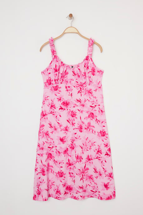 Trendyol Curve Dam Rosa Blommig Midi Ärmlös Casual A-linje Plus size Klänning - Image 5