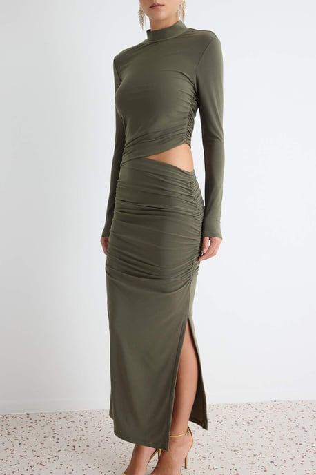 TRENDYOLMİLLA Dam Khaki Enfärgad Midi Lång Elegant/Kväll Rak Klänningar - Image 2