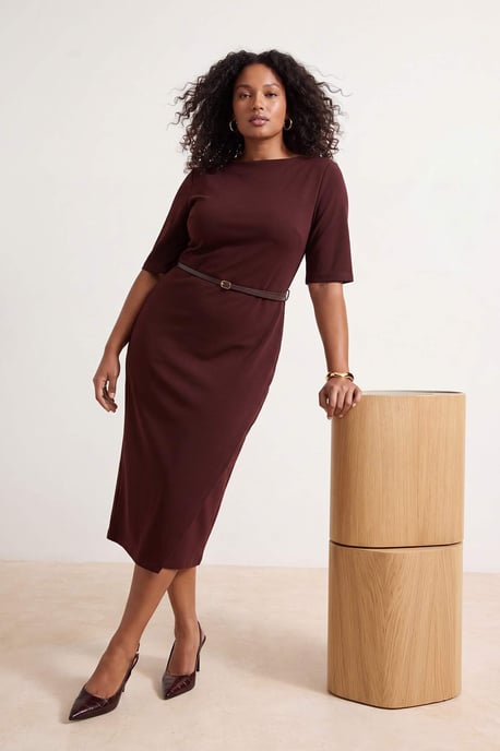 Trendyol Curve Dam Brun Enfärgad Midi Kort A-linje Plus size Klänning - Image 2