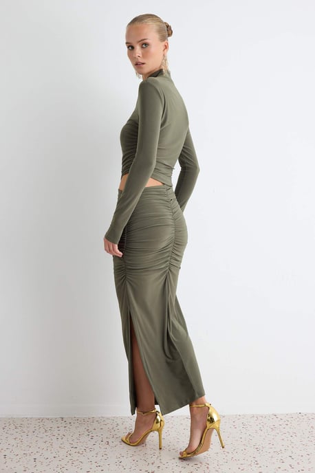 TRENDYOLMİLLA Dam Khaki Enfärgad Midi Lång Elegant/Kväll Rak Klänningar - Image 3