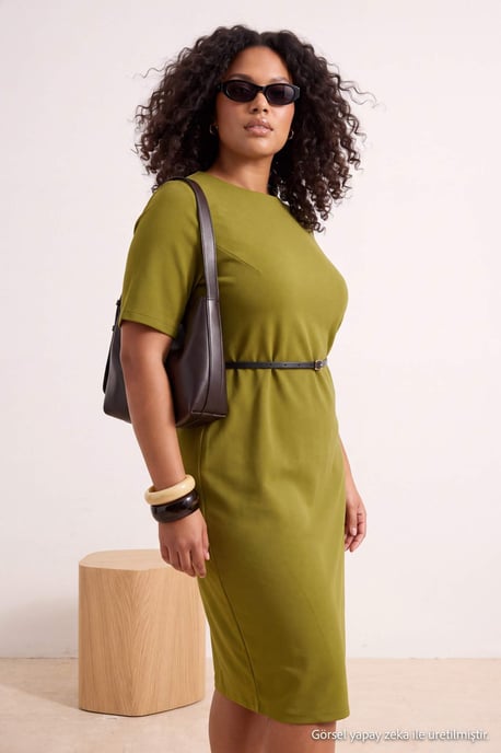 Trendyol Curve Dames Kaki Effen Midi Kort A-lijn Grote maten Jurk - Image 6