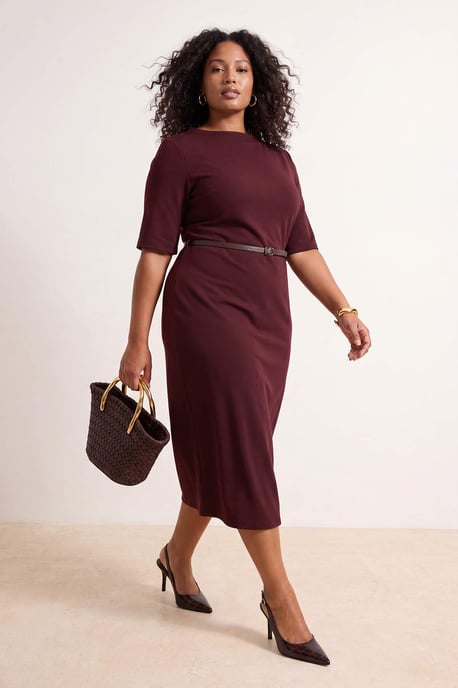 Trendyol Curve Dam Brun Enfärgad Midi Kort A-linje Plus size Klänning - Image 6