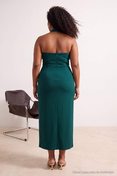 Trendyol Curve Dam Grön Enfärgad Midi Ärmlös Bodycon Plus size Klänning - Image 2