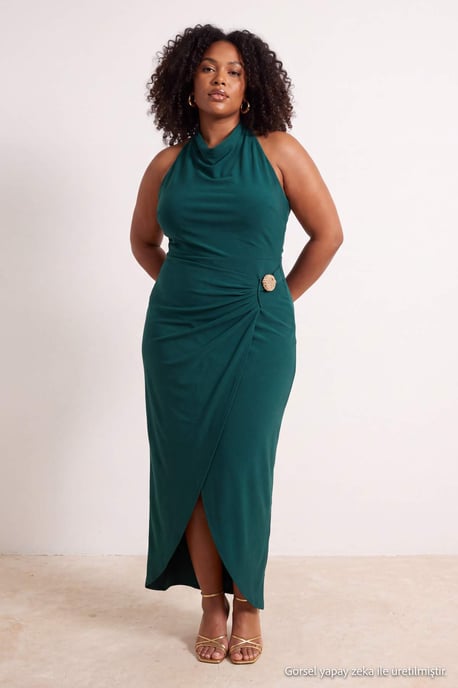 Trendyol Curve Dam Grön Enfärgad Midi Ärmlös Bodycon Plus size Klänning - Image 6
