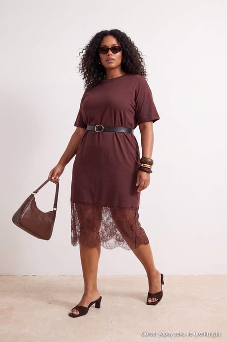 Trendyol Curve Dam Brun Enfärgad Midi Kort Rak Plus size Klänning - Image 2
