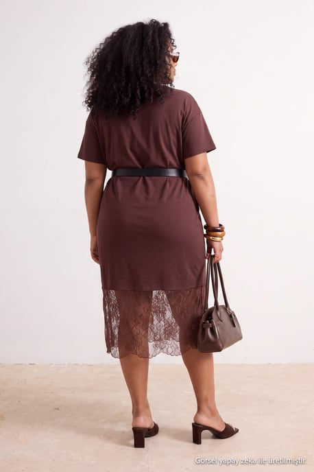 Trendyol Curve Dam Brun Enfärgad Midi Kort Rak Plus size Klänning - Image 6