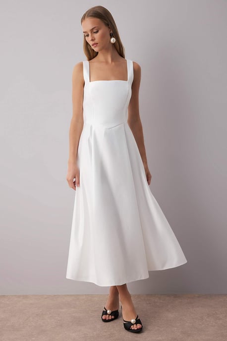 TRENDYOLMİLLA Women's White Plain Midi Sleeveless Stylish/Night Skater Dresses - Image 3