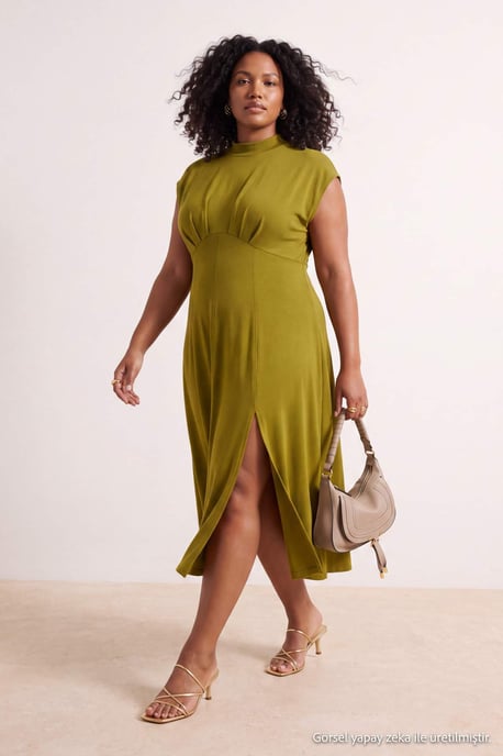 Trendyol Curve Dam Grön Enfärgad Midi Ärmlös Skater Plus size Klänning - Image 6
