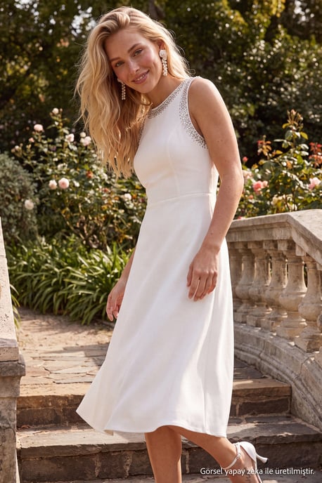 TRENDYOLMİLLA Dames Wit Effen Midi Mouwloos Stijlvol/Avond Skater Jurken - Image 2