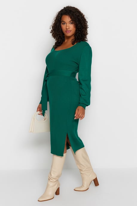 Trendyol Curve Dam Grön Enfärgad Midi Lång Casual Bodycon Plus size Klänning - Image 6