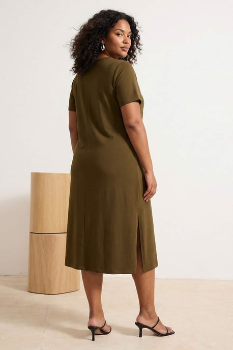 Trendyol Curve Dam Khaki Enfärgad Midi Kort Casual Rak Plus size Klänning - Image 5
