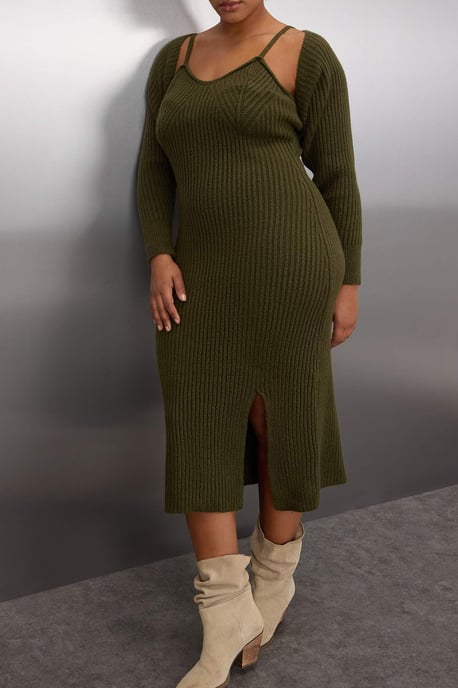 Trendyol Curve Dam Khaki Enfärgad Midi Lång Casual Bodycon Plus size Klänning - Image 2