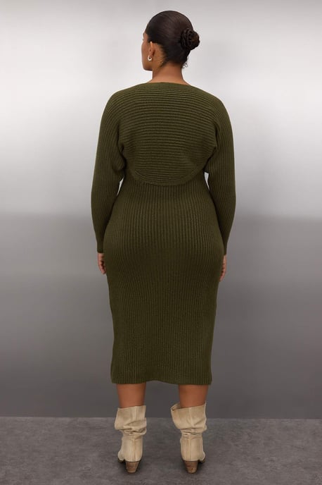 Trendyol Curve Dam Khaki Enfärgad Midi Lång Casual Bodycon Plus size Klänning - Image 3