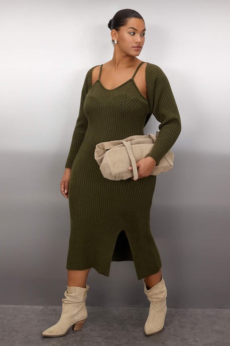 Trendyol Curve Dam Khaki Enfärgad Midi Lång Casual Bodycon Plus size Klänning - Image 4