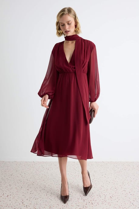 TRENDYOLMİLLA Dames Bordeaux Effen Midi Lang A-lijn Jurken - Image 1