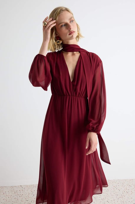 TRENDYOLMİLLA Dames Bordeaux Effen Midi Lang A-lijn Jurken - Image 2