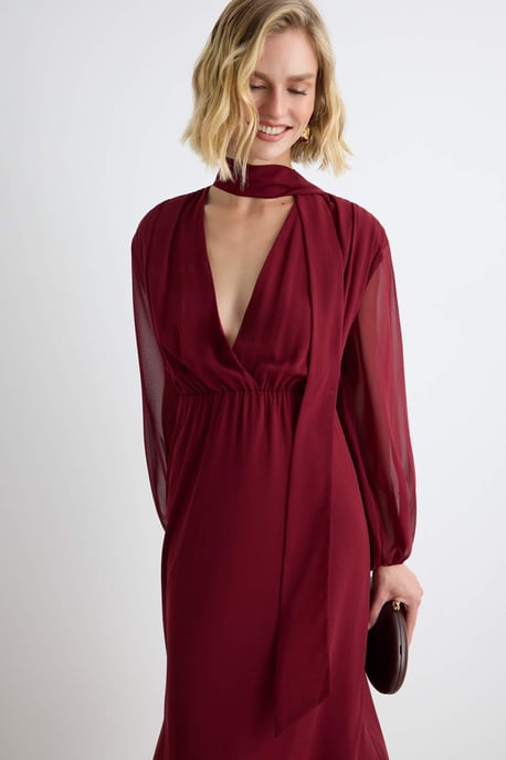 TRENDYOLMİLLA Dames Bordeaux Effen Midi Lang A-lijn Jurken - Image 5