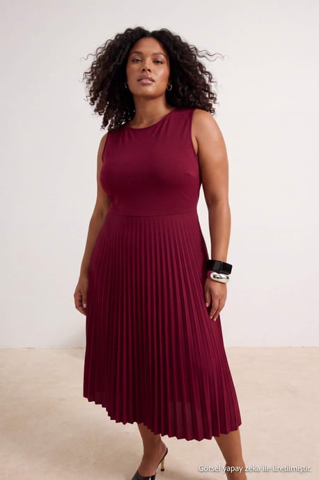 Trendyol Curve Dam Vinröd Enfärgad Midi Ärmlös Casual A-linje Plus size Klänning - Image 1