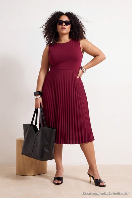 Trendyol Curve Dam Vinröd Enfärgad Midi Ärmlös Casual A-linje Plus size Klänning - Image 5