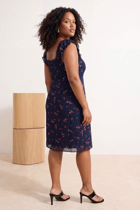 Trendyol Curve Dam Mörkblå Blommig Midi Kort Casual A-linje Plus size Klänning - Image 2