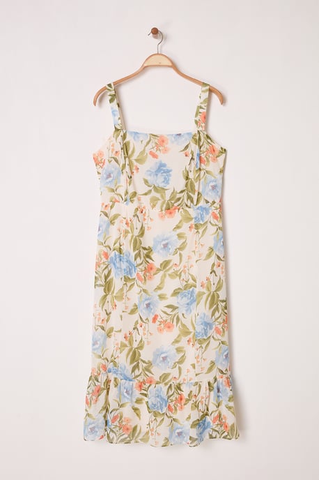 Trendyol Curve Dam Ecru Blommig Midi Ärmlös Casual A-linje Plus size Klänning - Image 4
