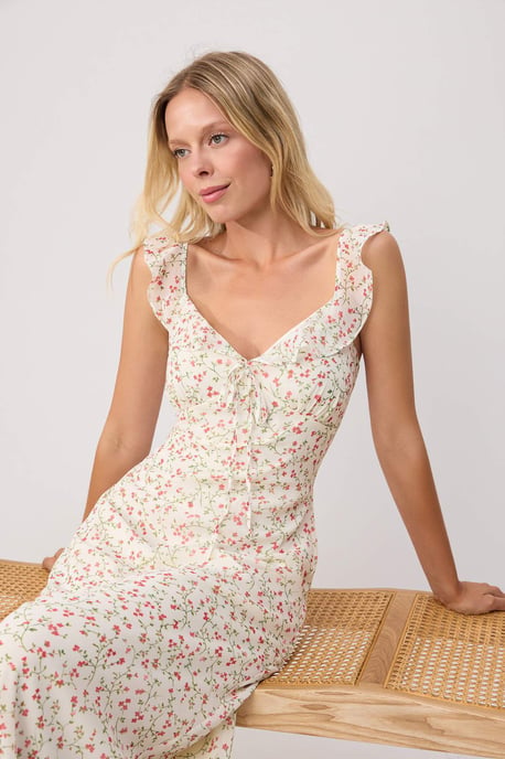 TRENDYOLMİLLA Women's Ecru Floral Midi Sleeveless Evening / Daily A-line Dresses - Image 4