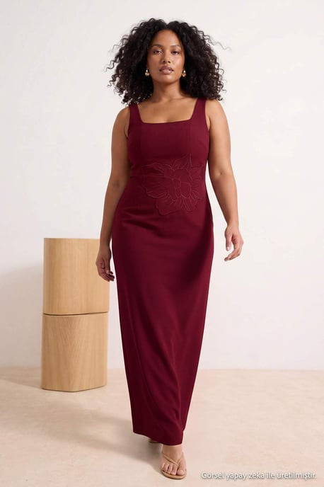 Trendyol Curve Dam Vinröd Strukturerad Midi Ärmlös Bodycon Plus size Klänning - Image 6
