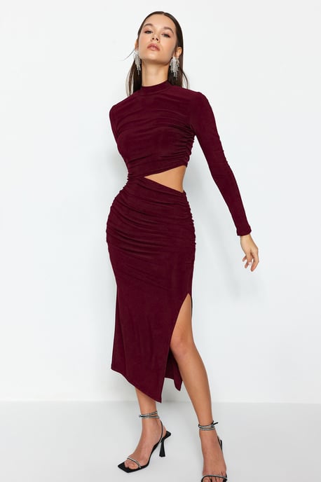 TRENDYOLMİLLA Women's Burgundy Plain Midi Long Stylish/Night Shift Dresses - Image 2