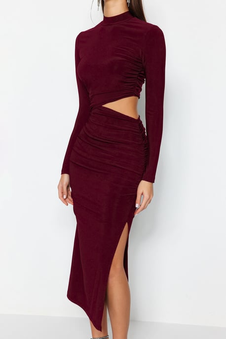 TRENDYOLMİLLA Women's Burgundy Plain Midi Long Stylish/Night Shift Dresses - Image 3