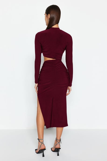 TRENDYOLMİLLA Women's Burgundy Plain Midi Long Stylish/Night Shift Dresses - Image 4
