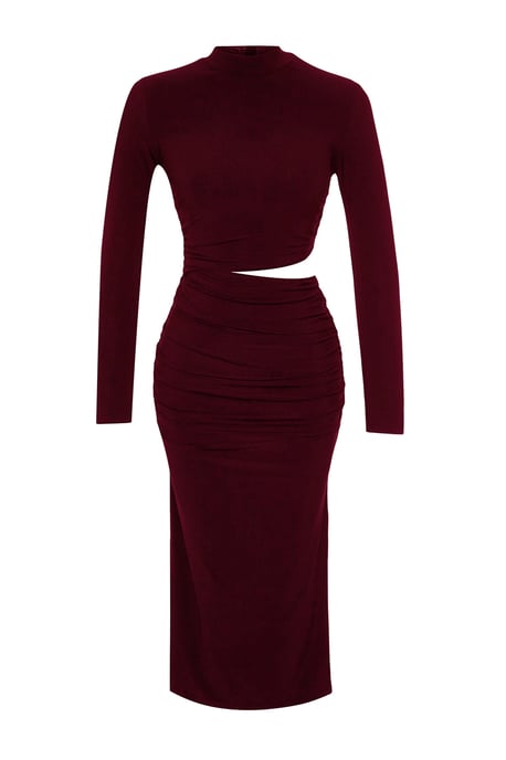 TRENDYOLMİLLA Women's Burgundy Plain Midi Long Stylish/Night Shift Dresses - Image 5