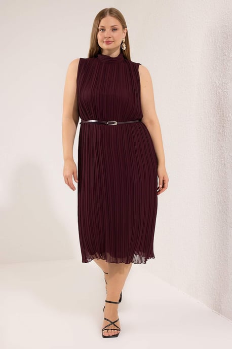 Trendyol Curve Dam Vinröd Enfärgad Midi Ärmlös Kväll / Vardag Rak Plus size Klänning - Image 6
