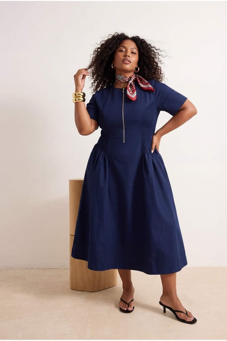 Trendyol Curve Dam Mörkblå Enfärgad Midi Kort Casual Skater Plus size Klänning - Image 6