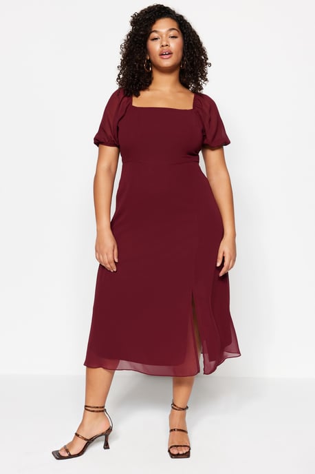 Trendyol Curve Dam Vinröd Enfärgad Midi Kort Casual A-linje Plus size Klänning - Image 3