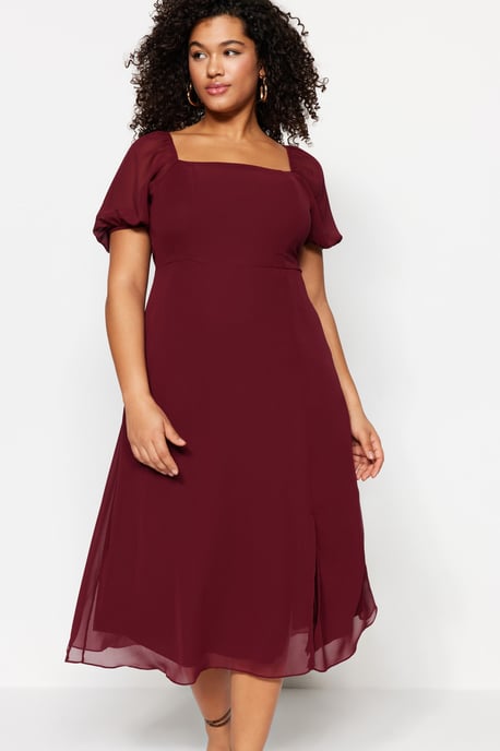 Trendyol Curve Dam Vinröd Enfärgad Midi Kort Casual A-linje Plus size Klänning - Image 6