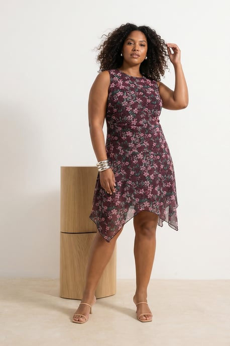 Trendyol Curve Dam Vinröd Blommig Midi Ärmlös Casual A-linje Plus size Klänning - Image 1
