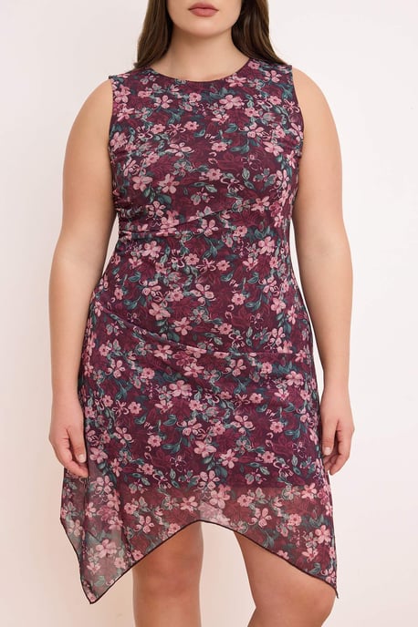 Trendyol Curve Dam Vinröd Blommig Midi Ärmlös Casual A-linje Plus size Klänning - Image 3