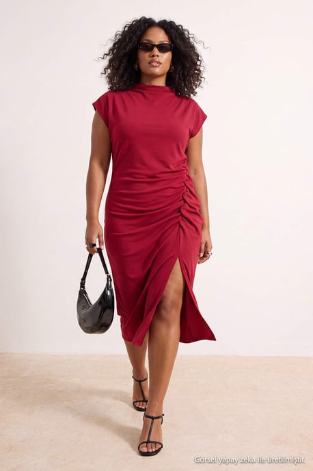 Trendyol Curve Dam Vinröd Enfärgad Midi Ärmlös Fest Bodycon Plus size Klänning - Image 1