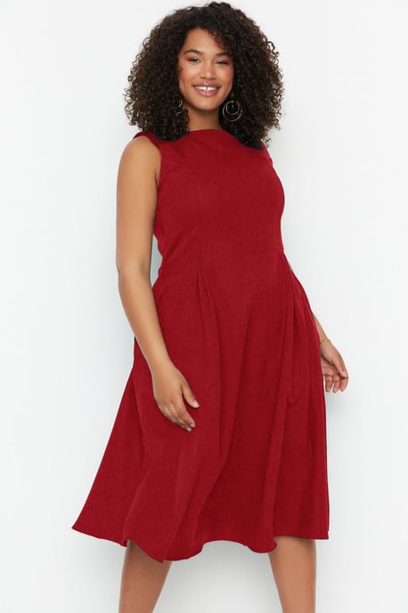 Trendyol Curve Dam Vinröd Enfärgad Midi Ärmlös Kväll / Vardag A-linje Plus size Klänning - Image 6