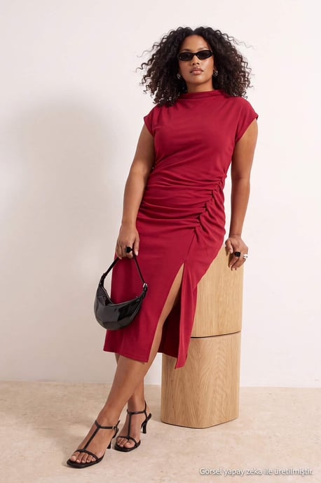 Trendyol Curve Dam Vinröd Enfärgad Midi Ärmlös Fest Bodycon Plus size Klänning - Image 6
