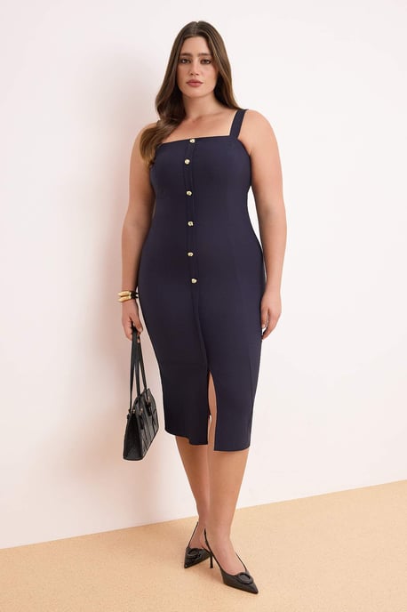 Trendyol Curve Dam Mörkblå Enfärgad Midi Ärmlös Casual Bodycon Plus size Klänning - Image 1