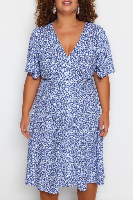 Trendyol Curve Dam Mörkblå Blommig Midi Kort Casual Skjortklänning Plus size Klänning - Image 3