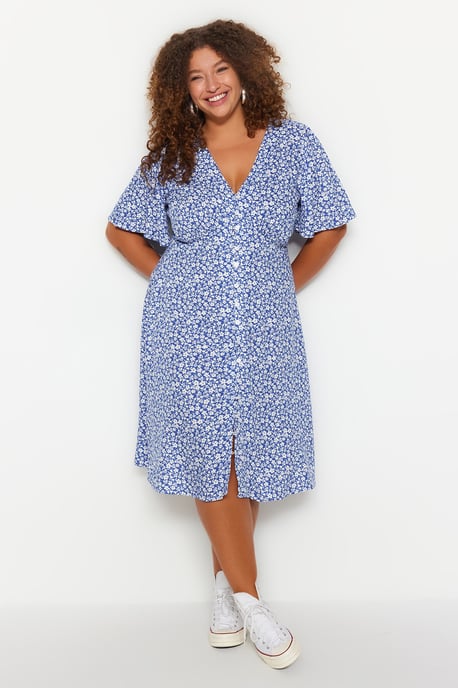 Trendyol Curve Dam Mörkblå Blommig Midi Kort Casual Skjortklänning Plus size Klänning - Image 6